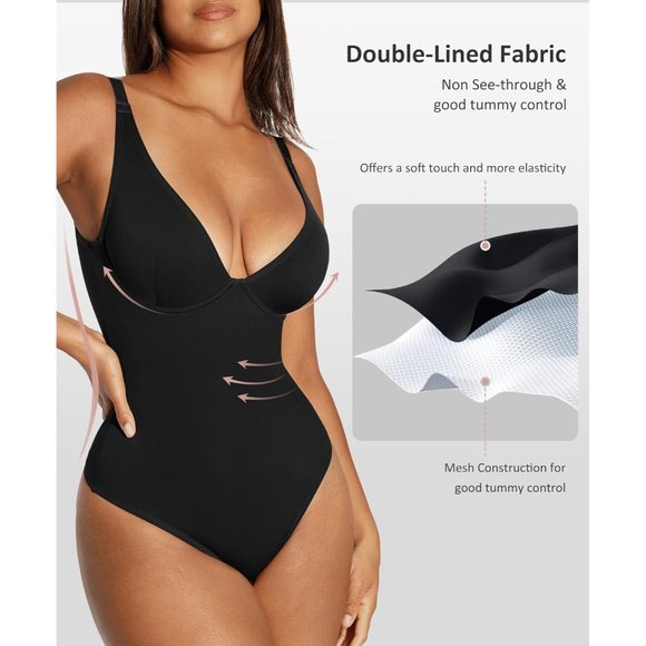 Women Tummy Control Body Suits Deep V Neck Thong Shapewear Bodysuits - Picture 4 of 6